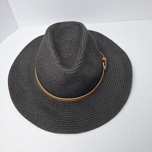 Wallaroo Hat Black/Gray Naples Belted Straw Fedora Wide Brim Adjustable UPF 50+
